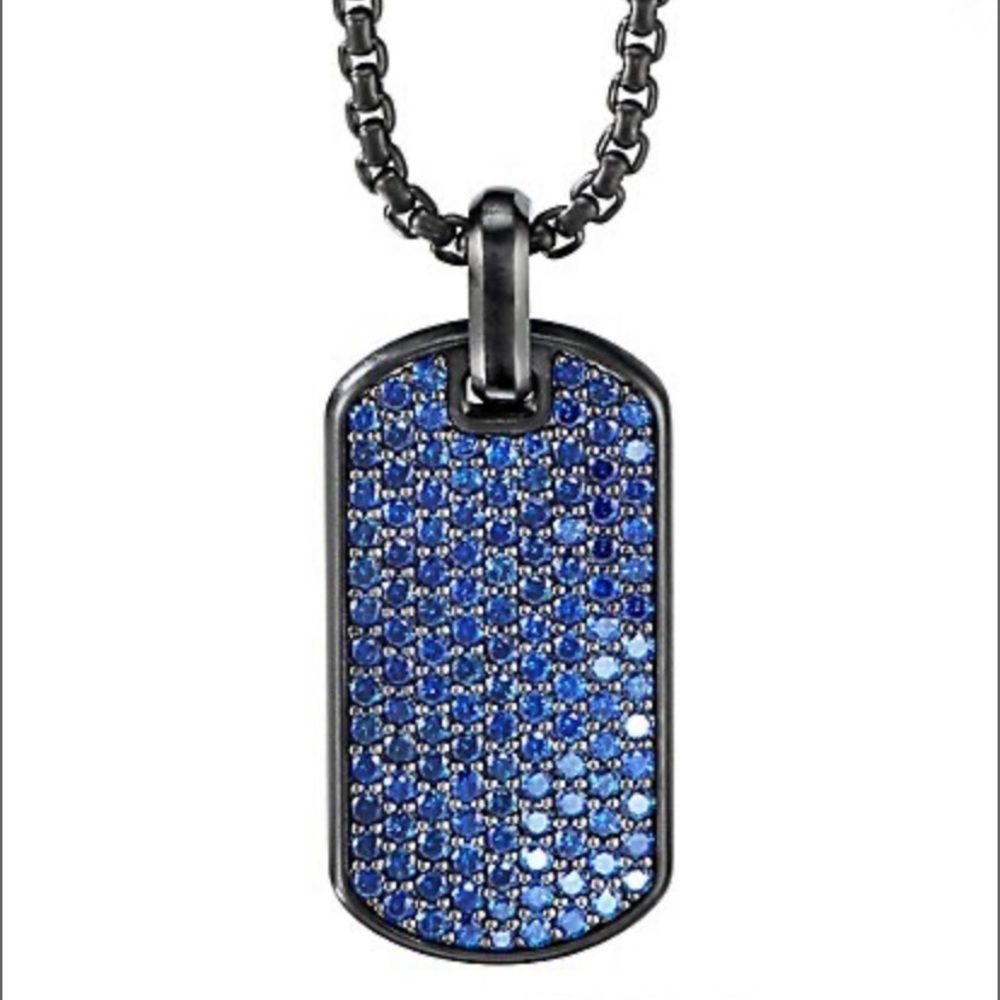 David Yurman PAVÈ Blue Sapphire Black Titanium Steel Silver Dog Tag.